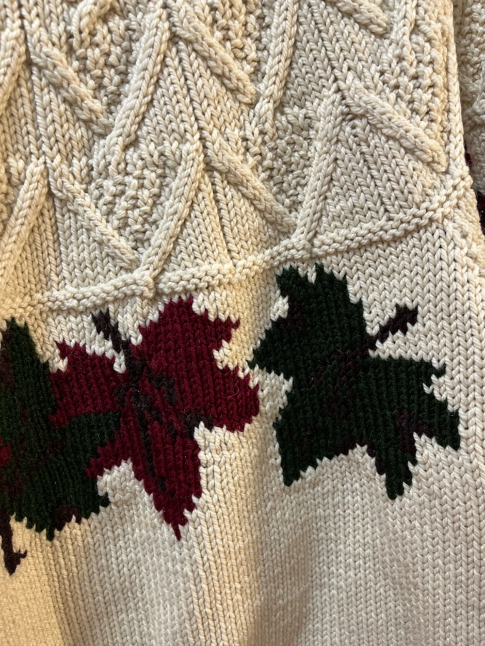 HANDMADE Cream Leaf Pattern Knit Sweater L/XL - Picture 8 of 12